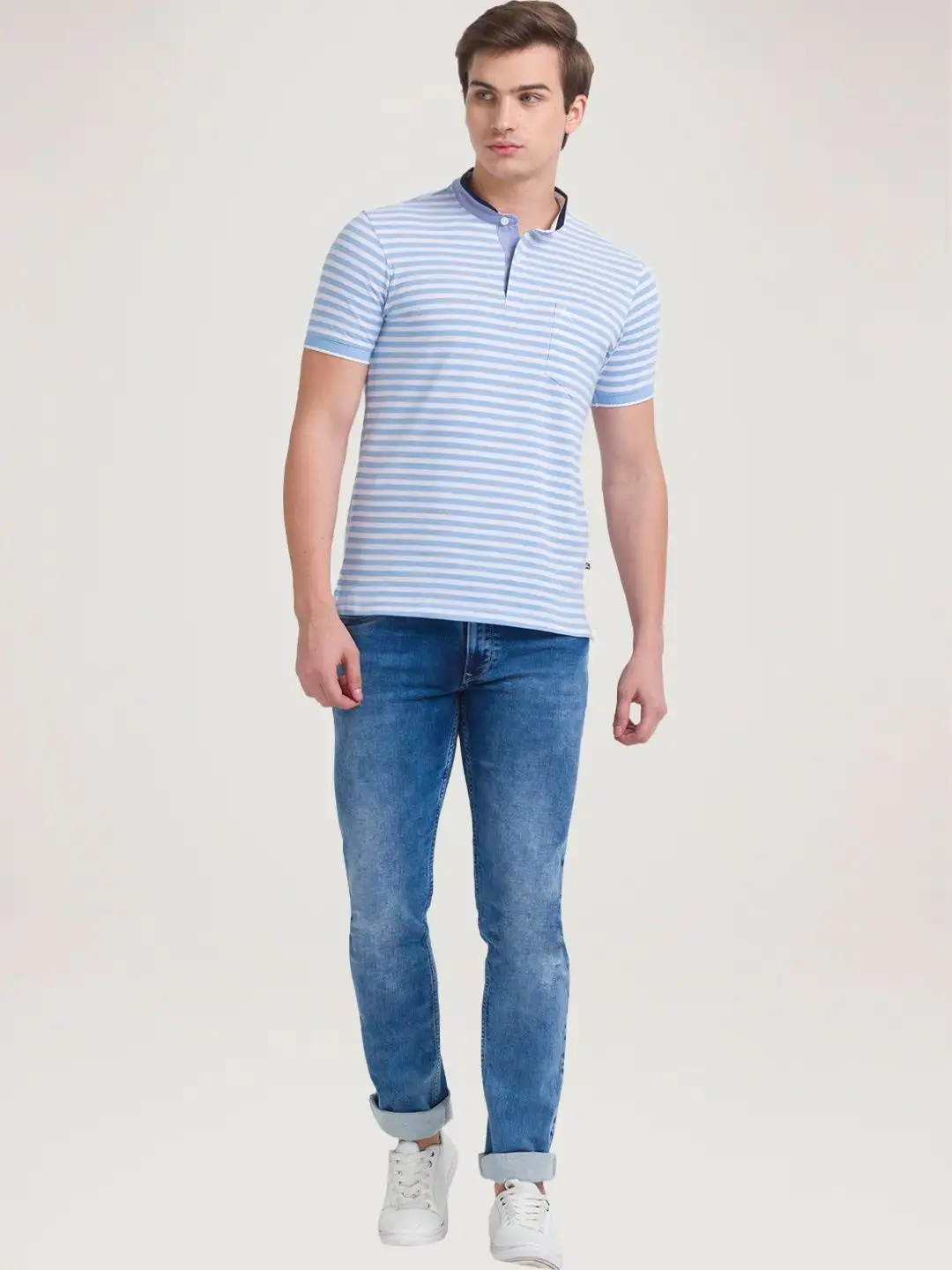 Men Blue Regular Fit Yarn Dyed Cotton Henley Neck Collar T-Shirt - Image 4