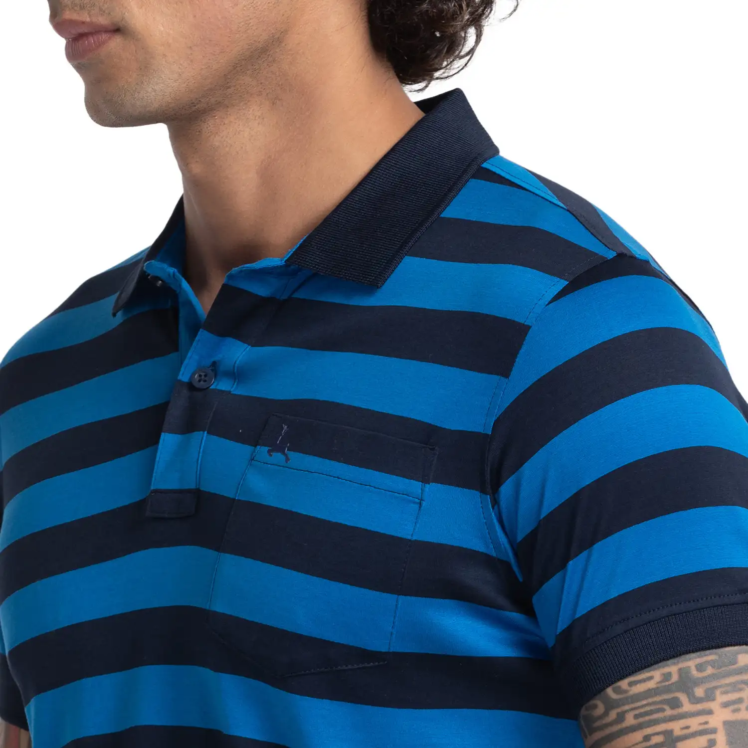 Men Blue Regular Fit Yarn Dyed Cotton Round Neck Collar Polo T-Shirt - Image 6