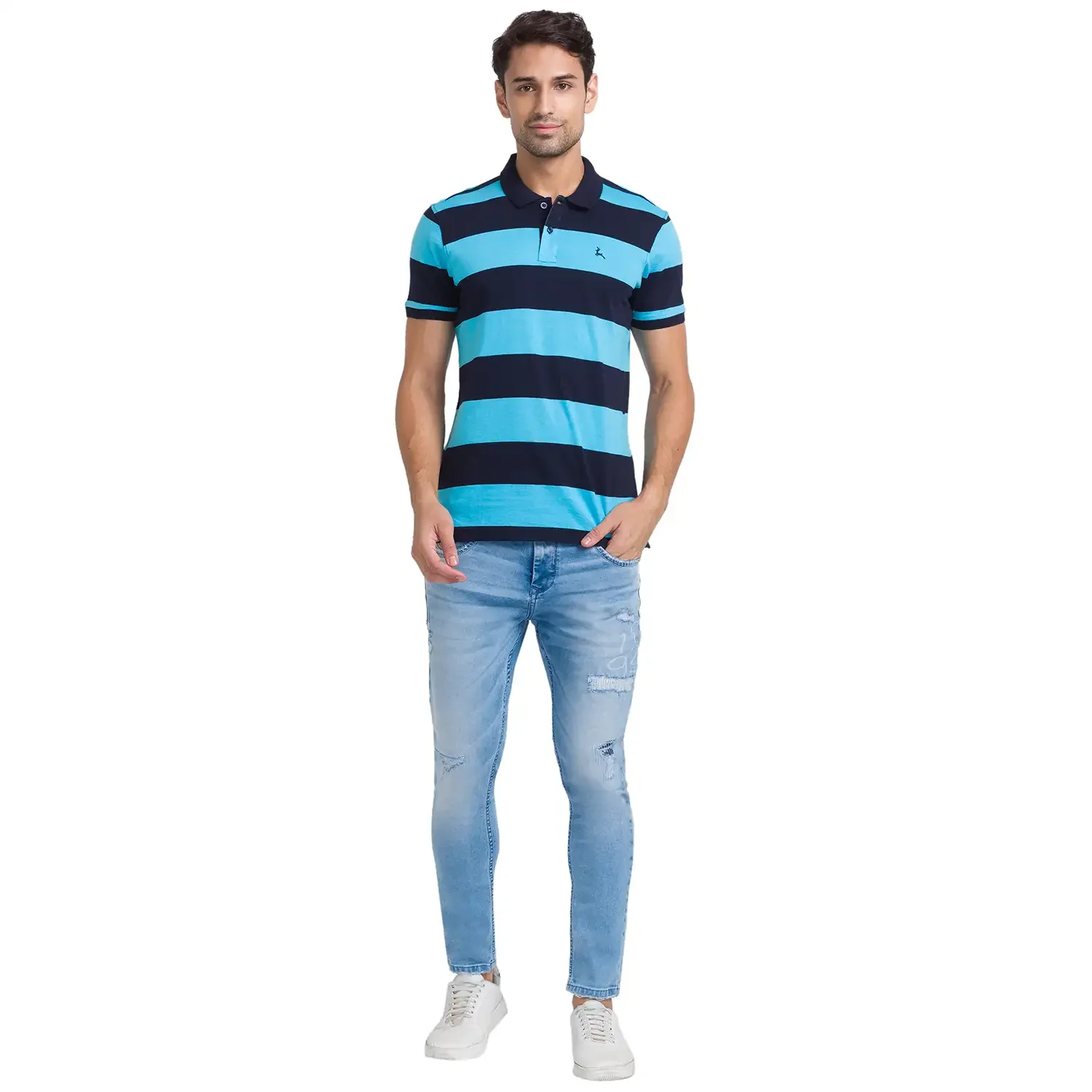 Men Blue Regular Fit Yarn Dyed Cotton Round Neck Collar Polo T-Shirt - Image 5