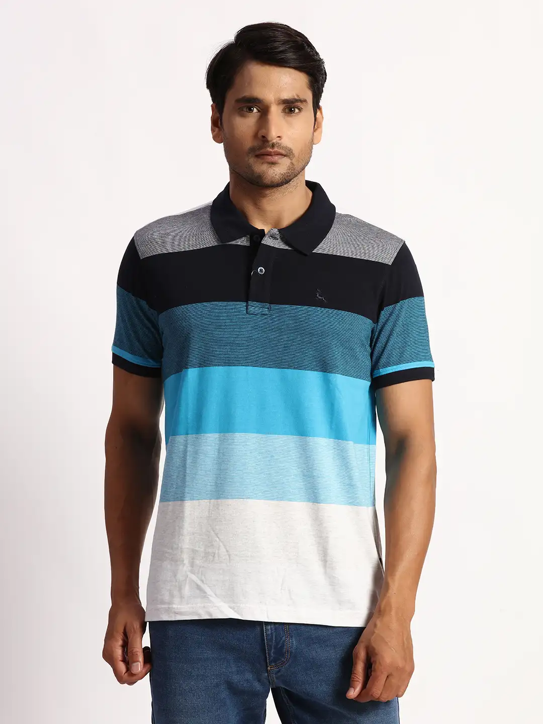 Men Blue Regular Fit Yarn Dyed Cotton Round Neck Collar Polo T-Shirt