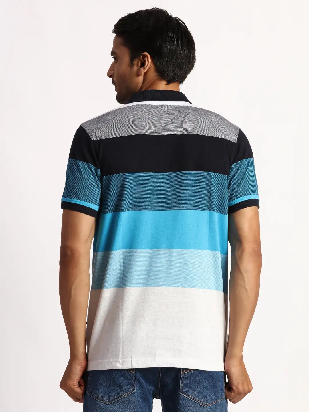 Men Blue Regular Fit Yarn Dyed Cotton Round Neck Collar Polo T-Shirt - Image 4