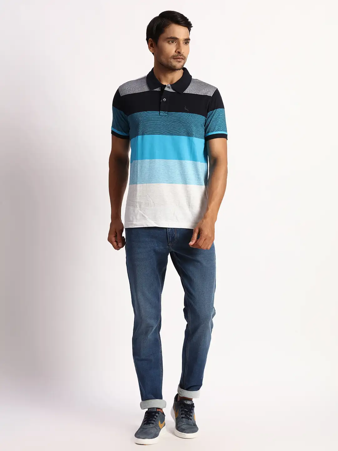Men Blue Regular Fit Yarn Dyed Cotton Round Neck Collar Polo T-Shirt - Image 5