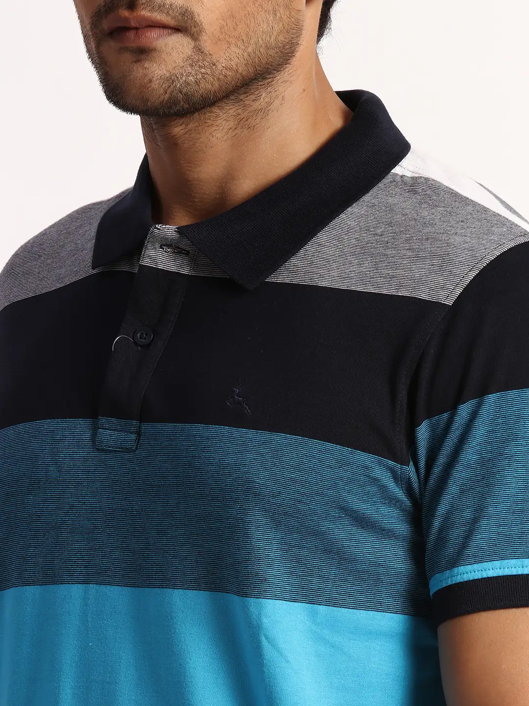 Men Blue Regular Fit Yarn Dyed Cotton Round Neck Collar Polo T-Shirt - Image 6