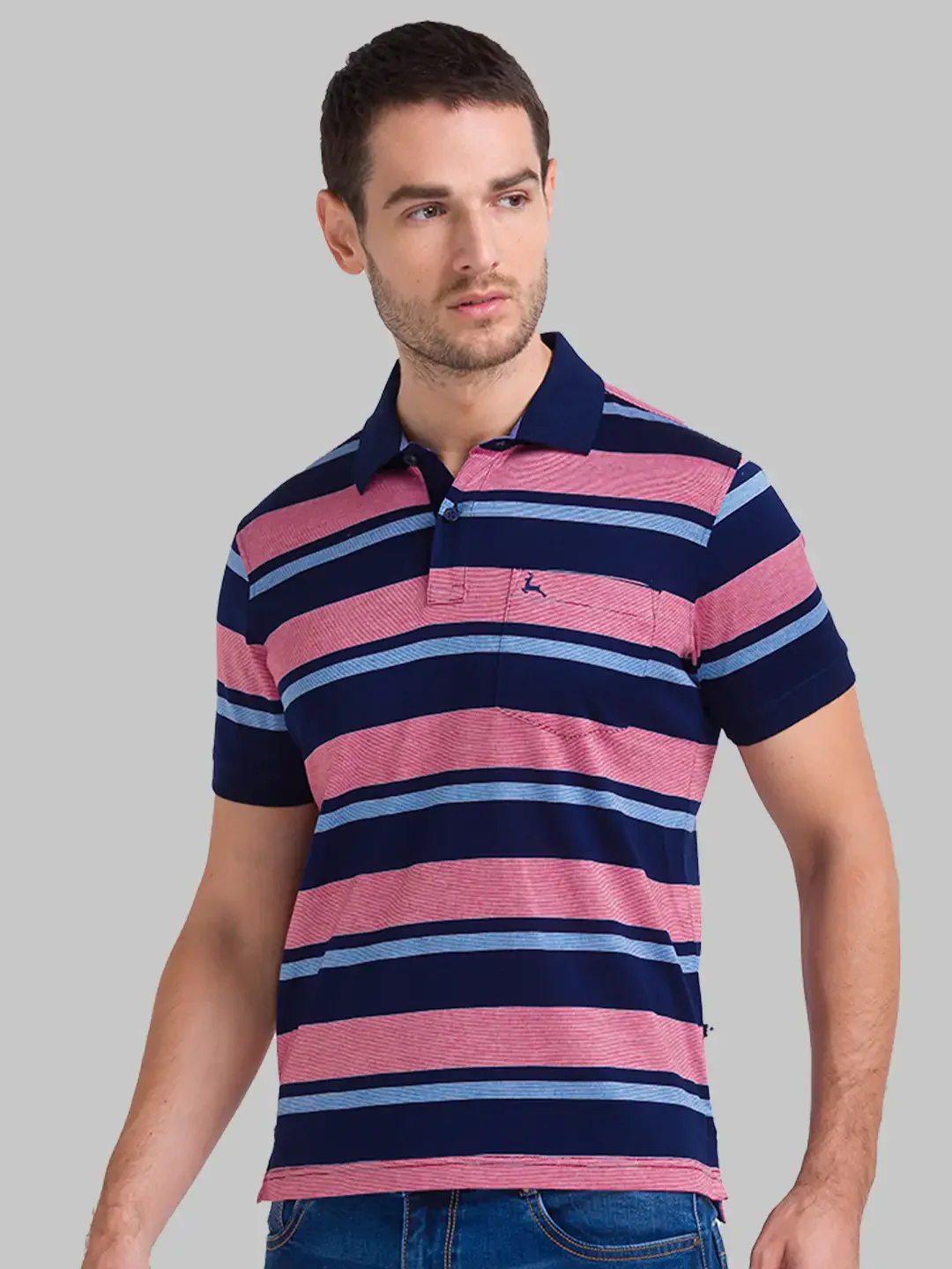 Men Blue Regular Fit Yarn Dyed Cotton Round Neck Collar Polo T-Shirt - Image 3