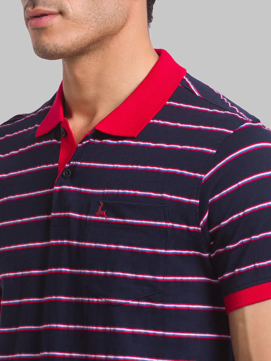 Men Blue Regular Fit Yarn Dyed Cotton Round Neck Collar Polo T-Shirt - Image 6