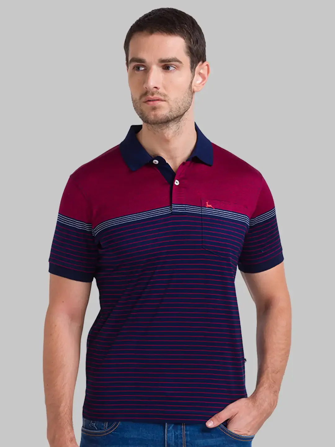 Men Blue Regular Fit Yarn Dyed Cotton Round Neck Collar Polo T-Shirt