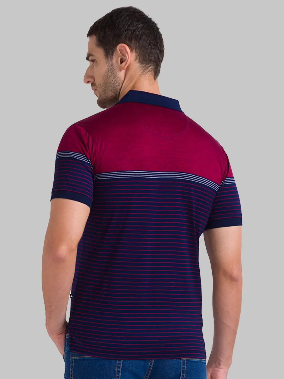 Men Blue Regular Fit Yarn Dyed Cotton Round Neck Collar Polo T-Shirt - Image 4