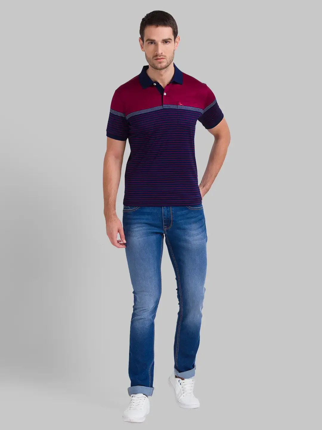 Men Blue Regular Fit Yarn Dyed Cotton Round Neck Collar Polo T-Shirt - Image 5