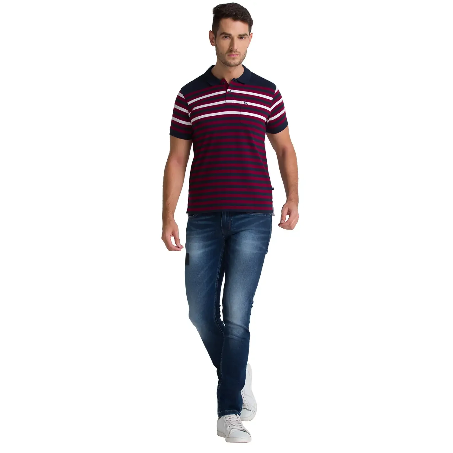 Men Blue Regular Fit Yarn Dyed Cotton Round Neck Collar Polo T-Shirt - Image 5
