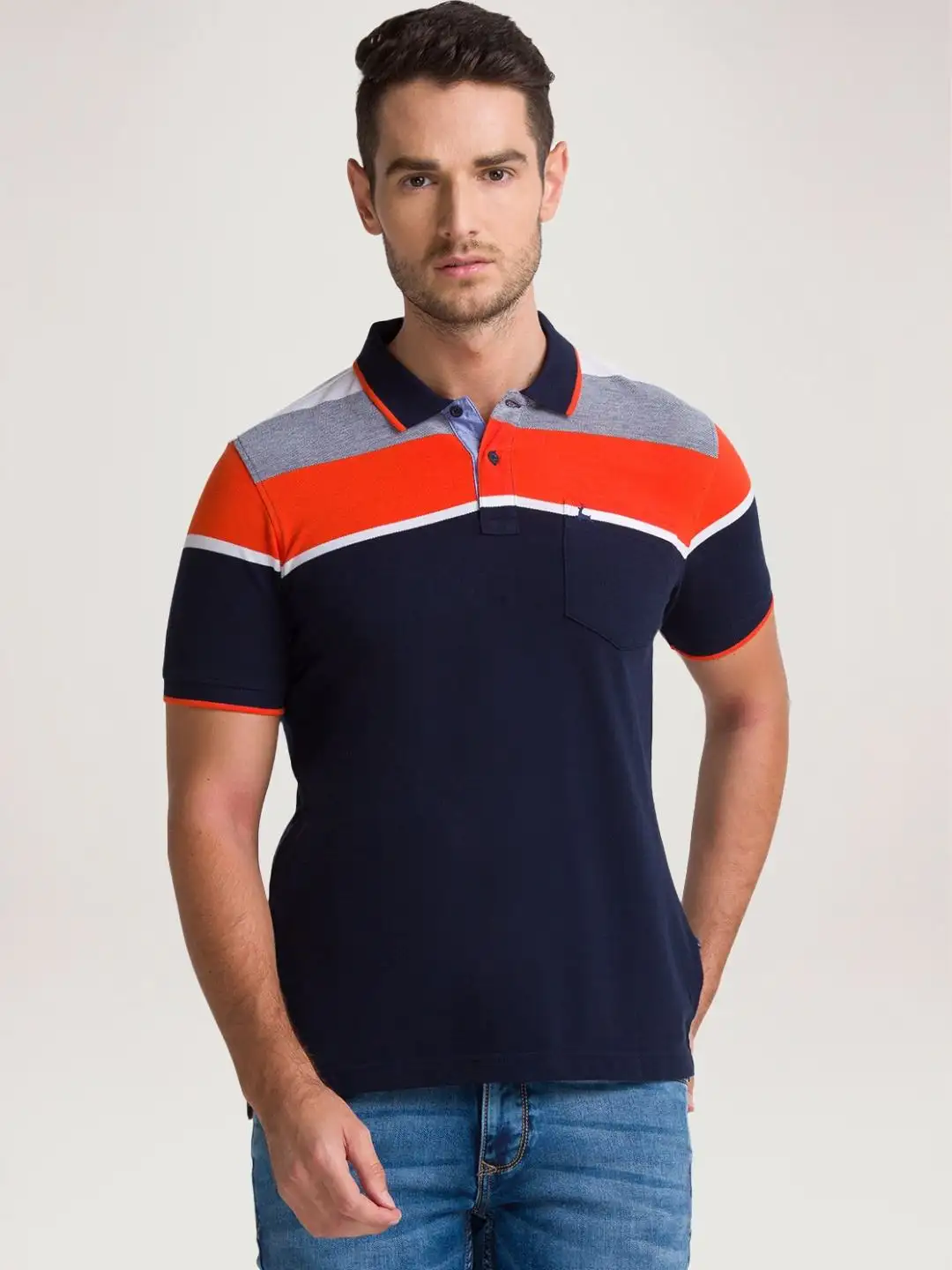 Men Blue Regular Fit Yarn Dyed Cotton Round Neck Collar Polo T-Shirt