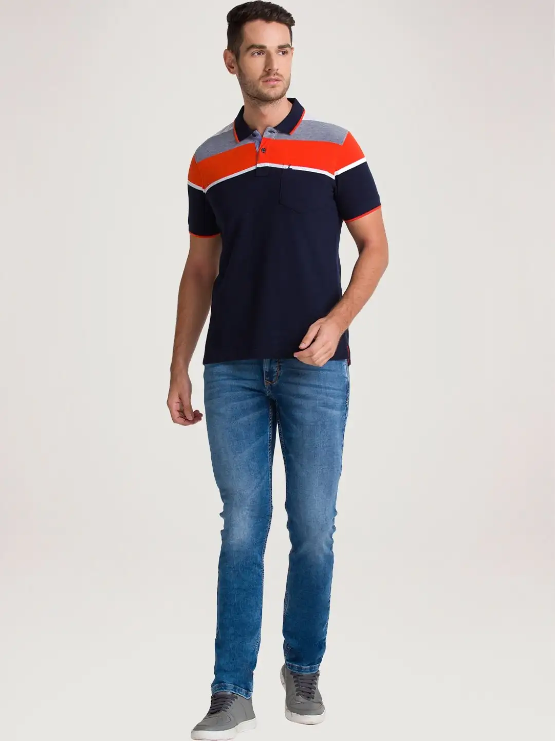 Men Blue Regular Fit Yarn Dyed Cotton Round Neck Collar Polo T-Shirt - Image 5