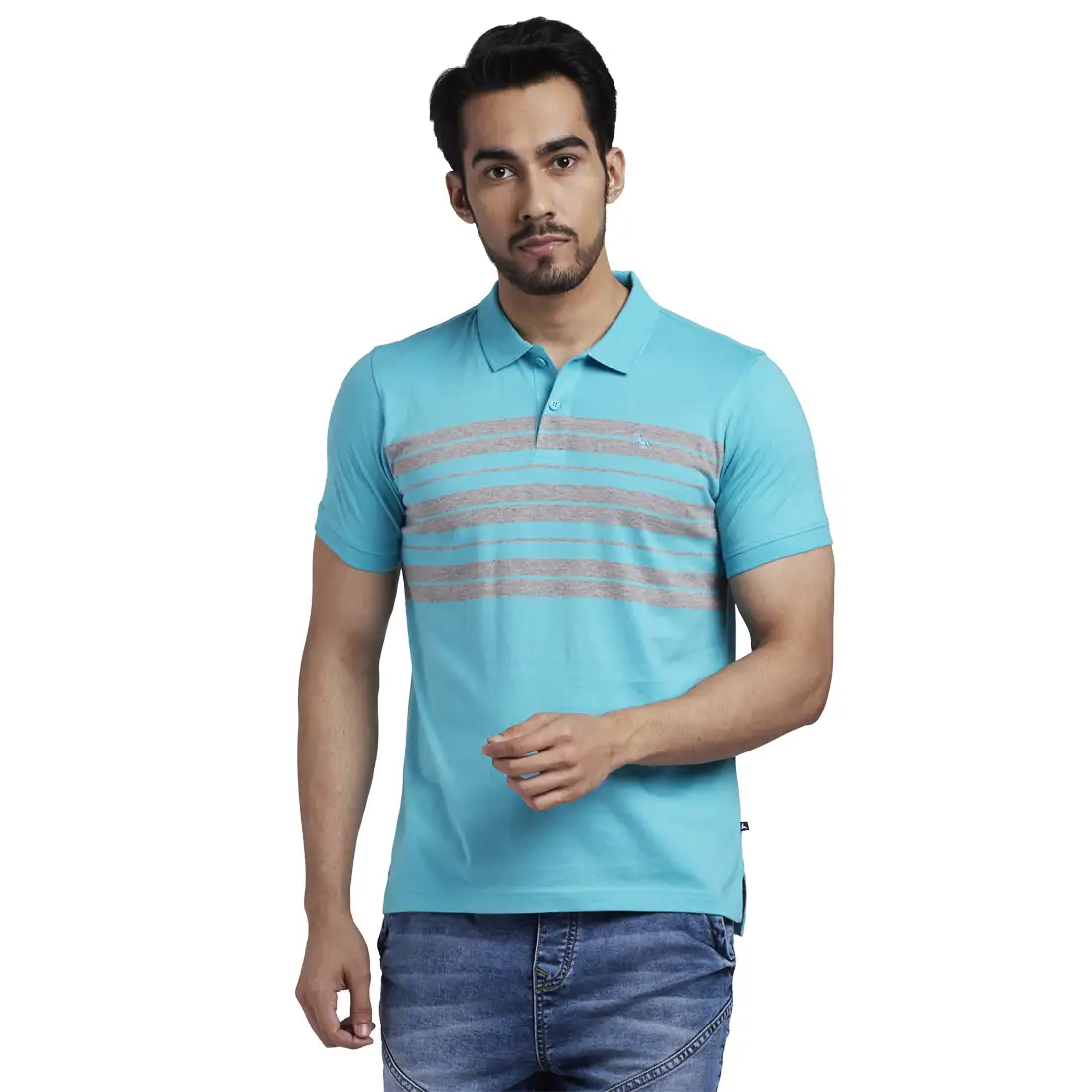 Men Blue Regular Fit Yarn Dyed Cotton Round Neck Collar Polo T-Shirt