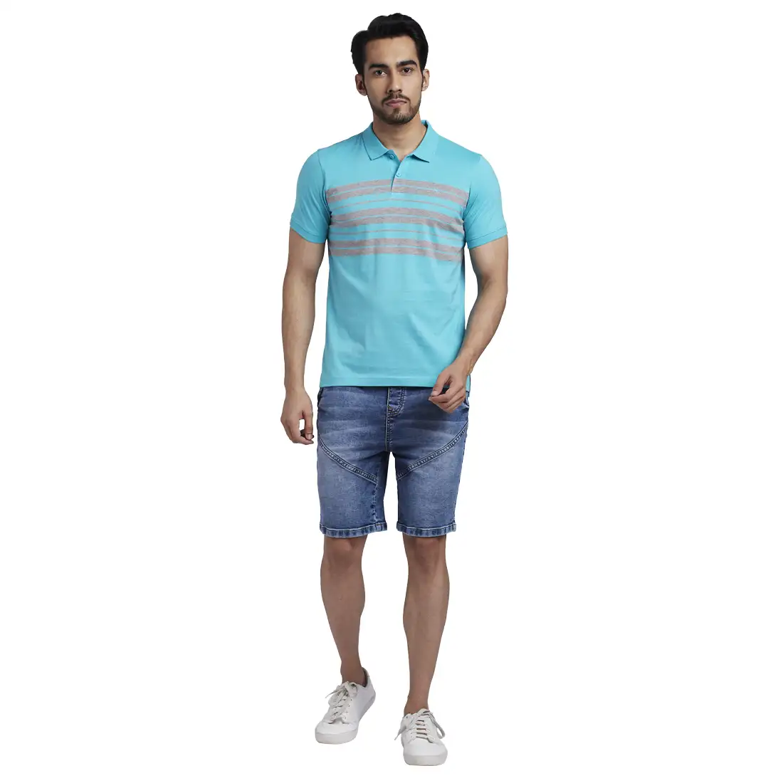 Men Blue Regular Fit Yarn Dyed Cotton Round Neck Collar Polo T-Shirt - Image 5