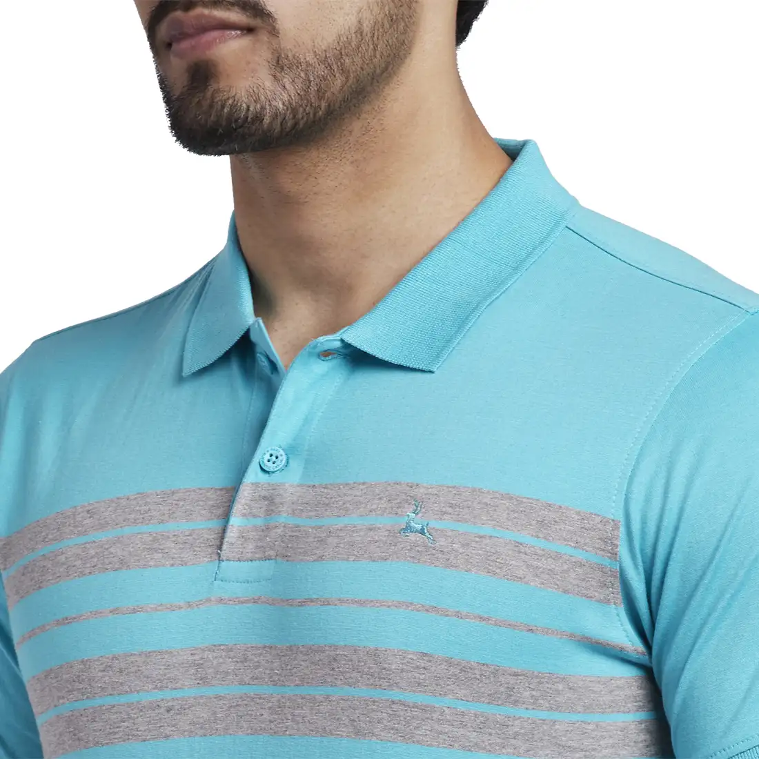 Men Blue Regular Fit Yarn Dyed Cotton Round Neck Collar Polo T-Shirt - Image 6