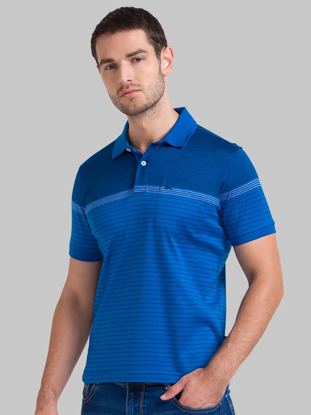 Men Blue Regular Fit Yarn Dyed Cotton Round Neck Collar Polo T-Shirt - Image 3