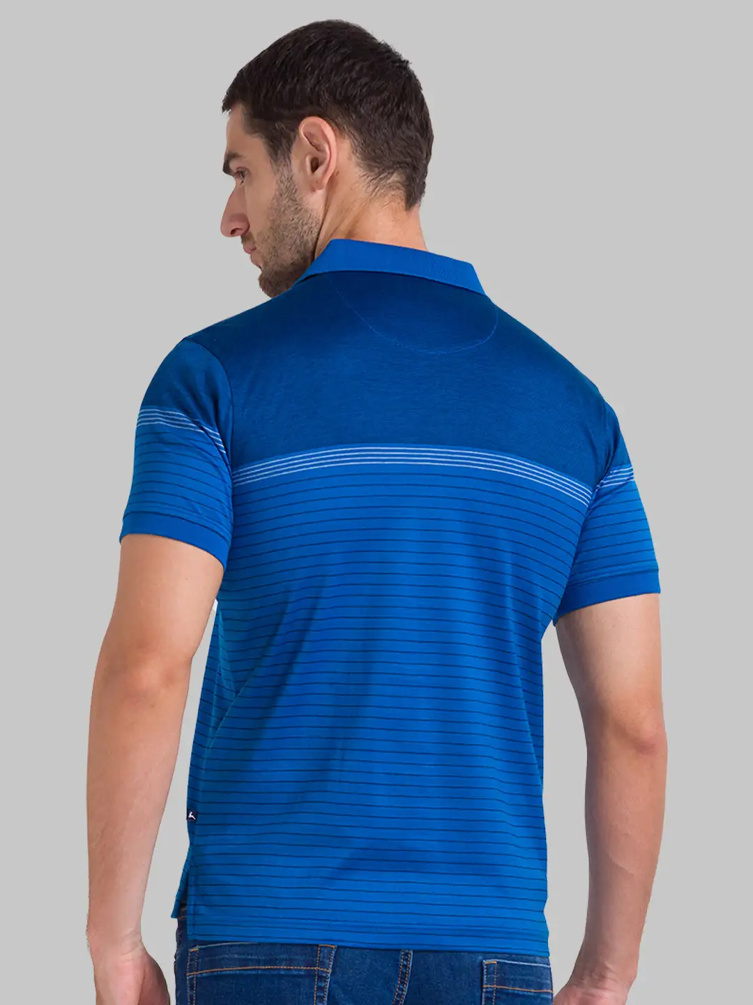 Men Blue Regular Fit Yarn Dyed Cotton Round Neck Collar Polo T-Shirt - Image 4