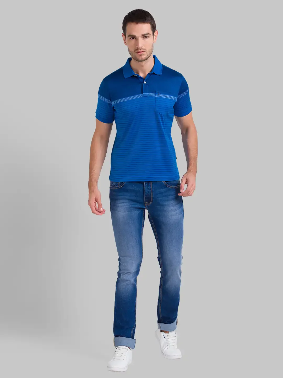 Men Blue Regular Fit Yarn Dyed Cotton Round Neck Collar Polo T-Shirt - Image 5