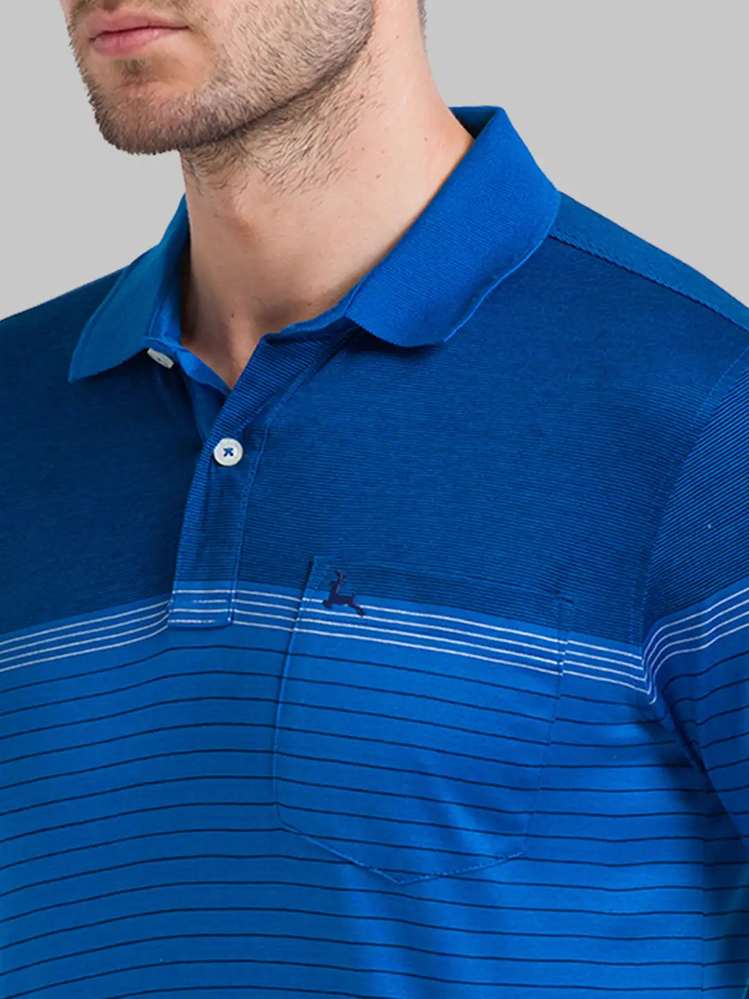 Men Blue Regular Fit Yarn Dyed Cotton Round Neck Collar Polo T-Shirt - Image 6