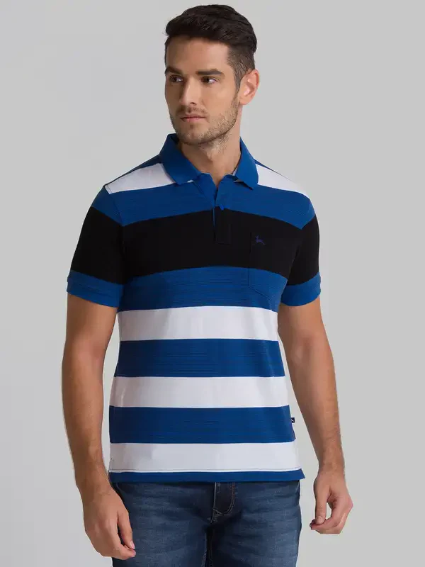 Men Blue Regular Fit Yarn Dyed Cotton Round Neck Collar Polo T-Shirt