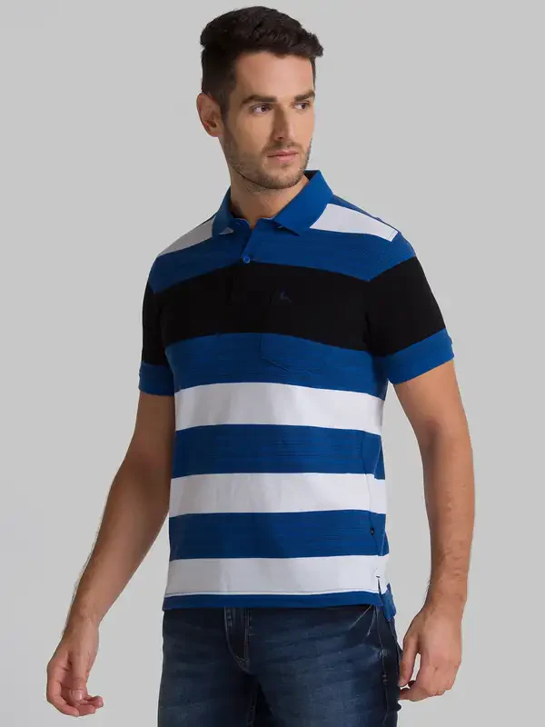 Men Blue Regular Fit Yarn Dyed Cotton Round Neck Collar Polo T-Shirt - Image 3