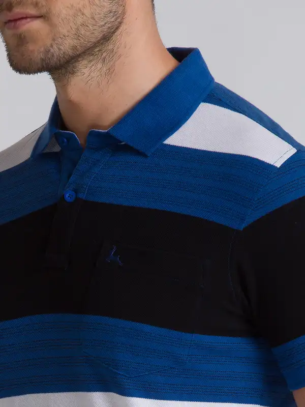 Men Blue Regular Fit Yarn Dyed Cotton Round Neck Collar Polo T-Shirt - Image 6