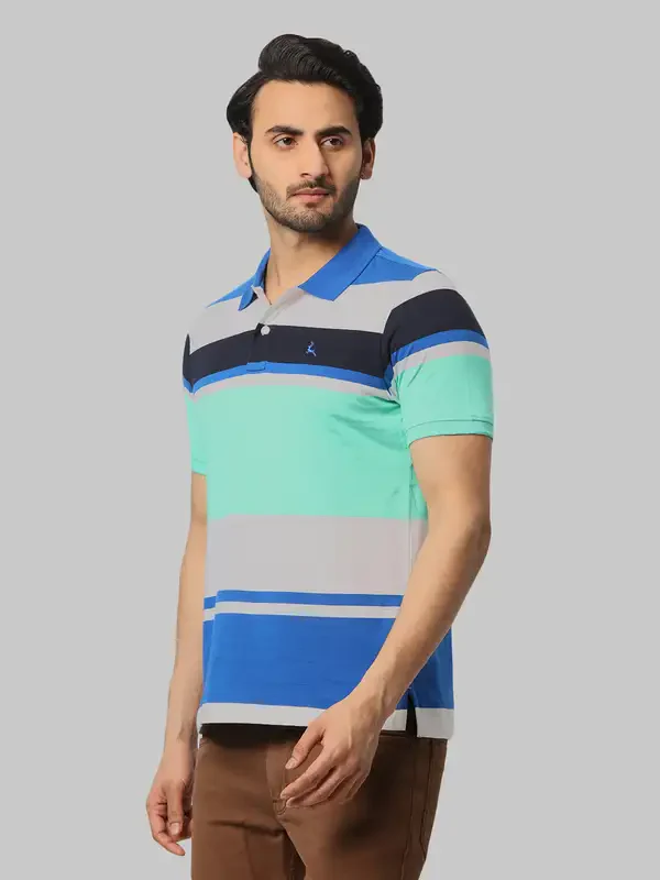 Men Blue Regular Fit Yarn Dyed Cotton Round Neck Collar Polo T-Shirt - Image 3