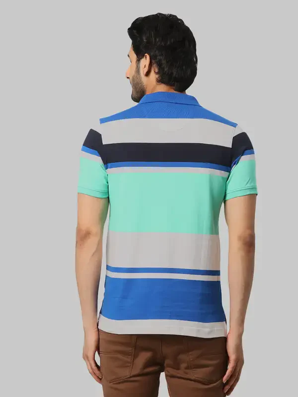 Men Blue Regular Fit Yarn Dyed Cotton Round Neck Collar Polo T-Shirt - Image 4