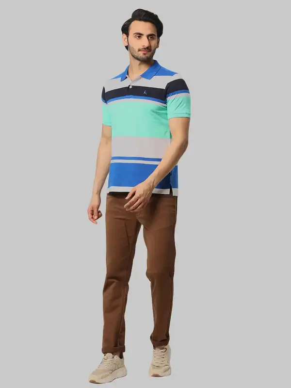Men Blue Regular Fit Yarn Dyed Cotton Round Neck Collar Polo T-Shirt - Image 5