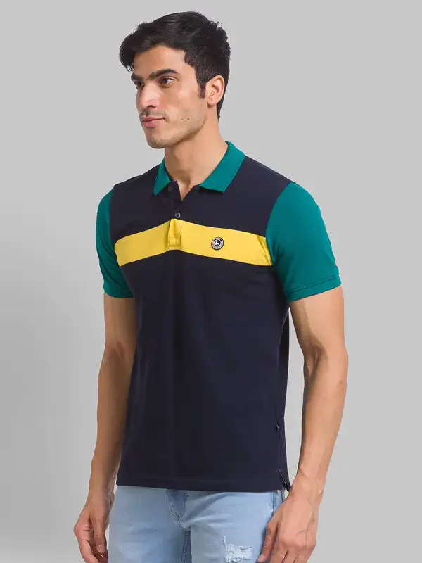 Men Blue Regular Fit Yarn Dyed Cotton Round Neck Collar Polo T-Shirt - Image 3