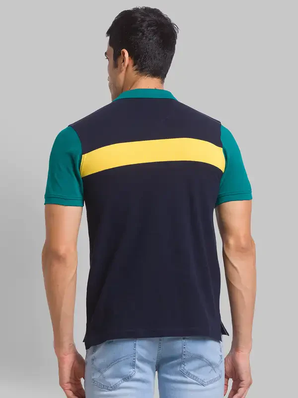 Men Blue Regular Fit Yarn Dyed Cotton Round Neck Collar Polo T-Shirt - Image 4