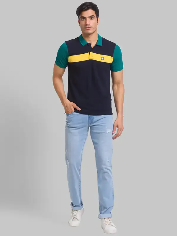 Men Blue Regular Fit Yarn Dyed Cotton Round Neck Collar Polo T-Shirt - Image 5