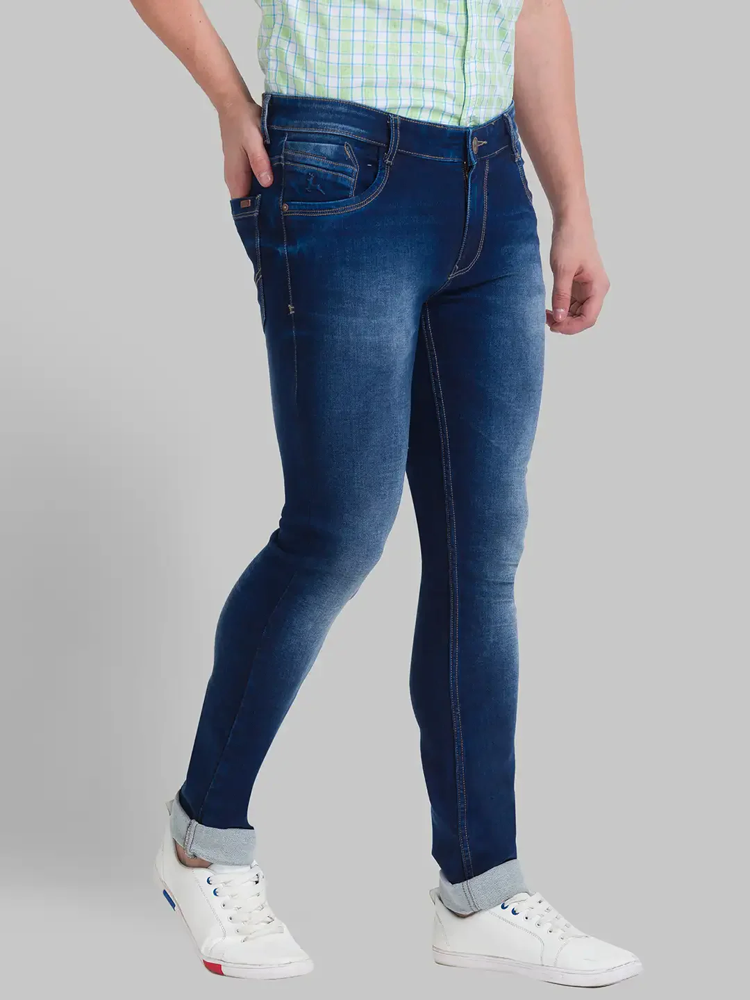 Men Blue Skinny Cropped Fit Dobby Cotton Blend Jeans - Image 2