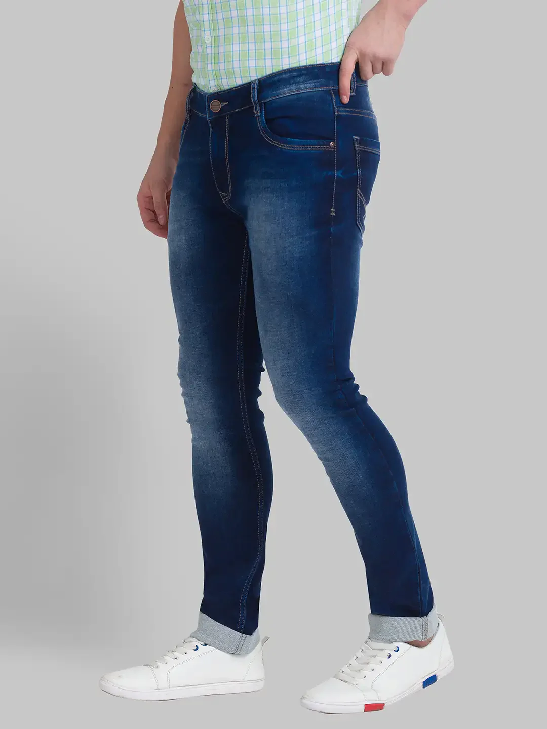 Men Blue Skinny Cropped Fit Dobby Cotton Blend Jeans - Image 3