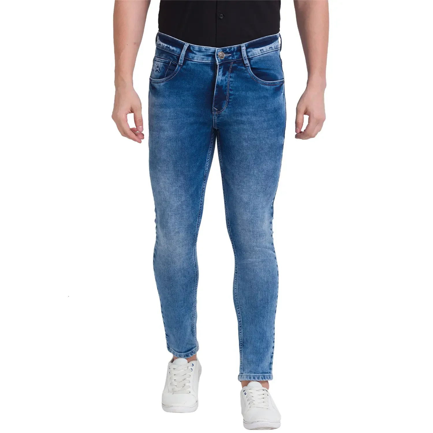 Men Blue Skinny Cropped Fit Dobby Cotton Blend Jeans