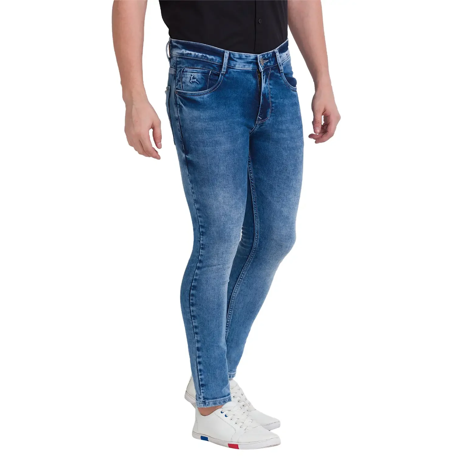 Men Blue Skinny Cropped Fit Dobby Cotton Blend Jeans - Image 2