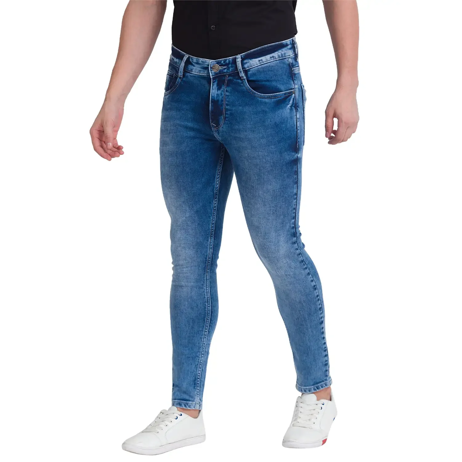 Men Blue Skinny Cropped Fit Dobby Cotton Blend Jeans - Image 3