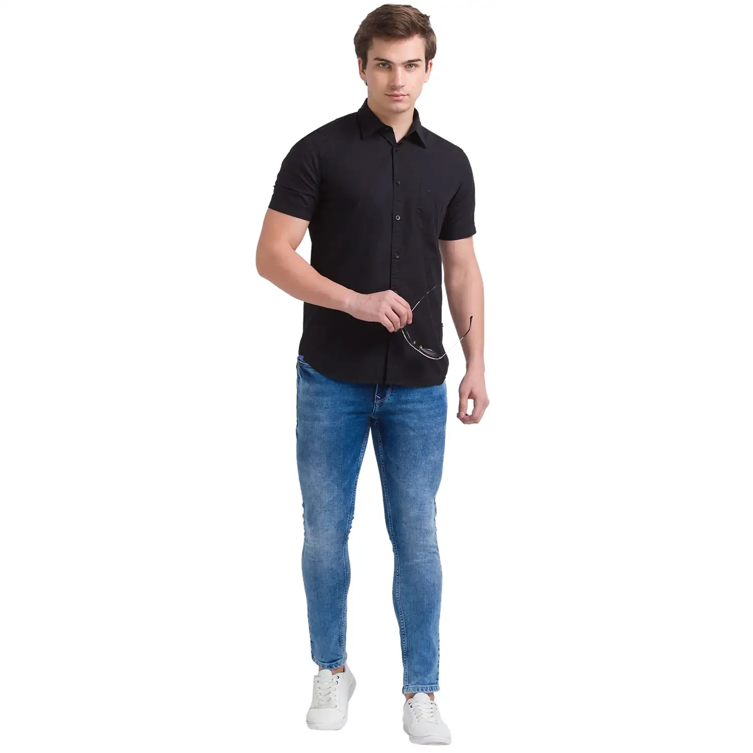 Men Blue Skinny Cropped Fit Dobby Cotton Blend Jeans - Image 5