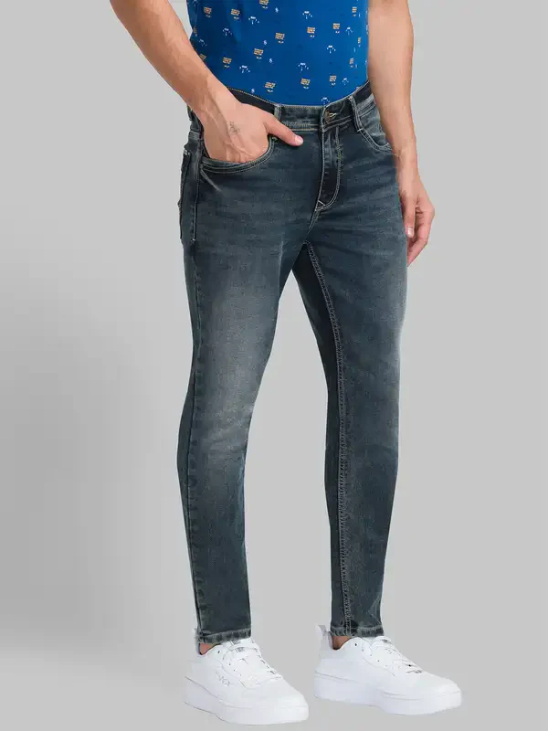 Men Blue Skinny Cropped Fit Dobby Cotton Blend Jeans - Image 2