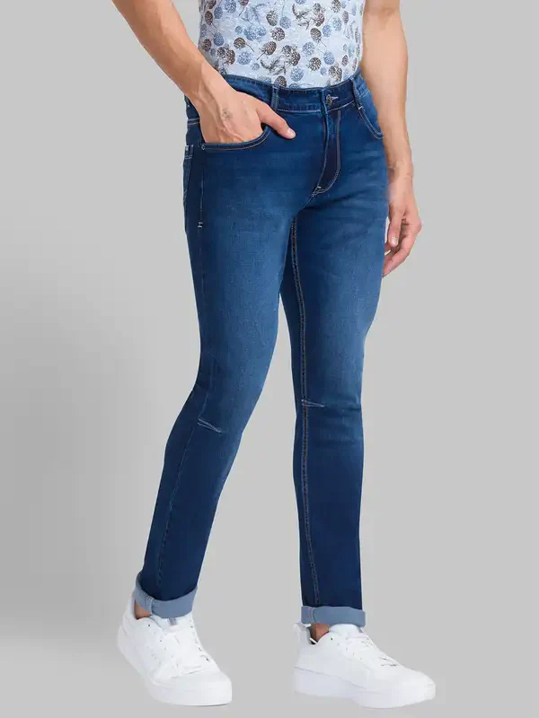 Men Blue Skinny Cropped Fit Dobby Cotton Blend Jeans - Image 2