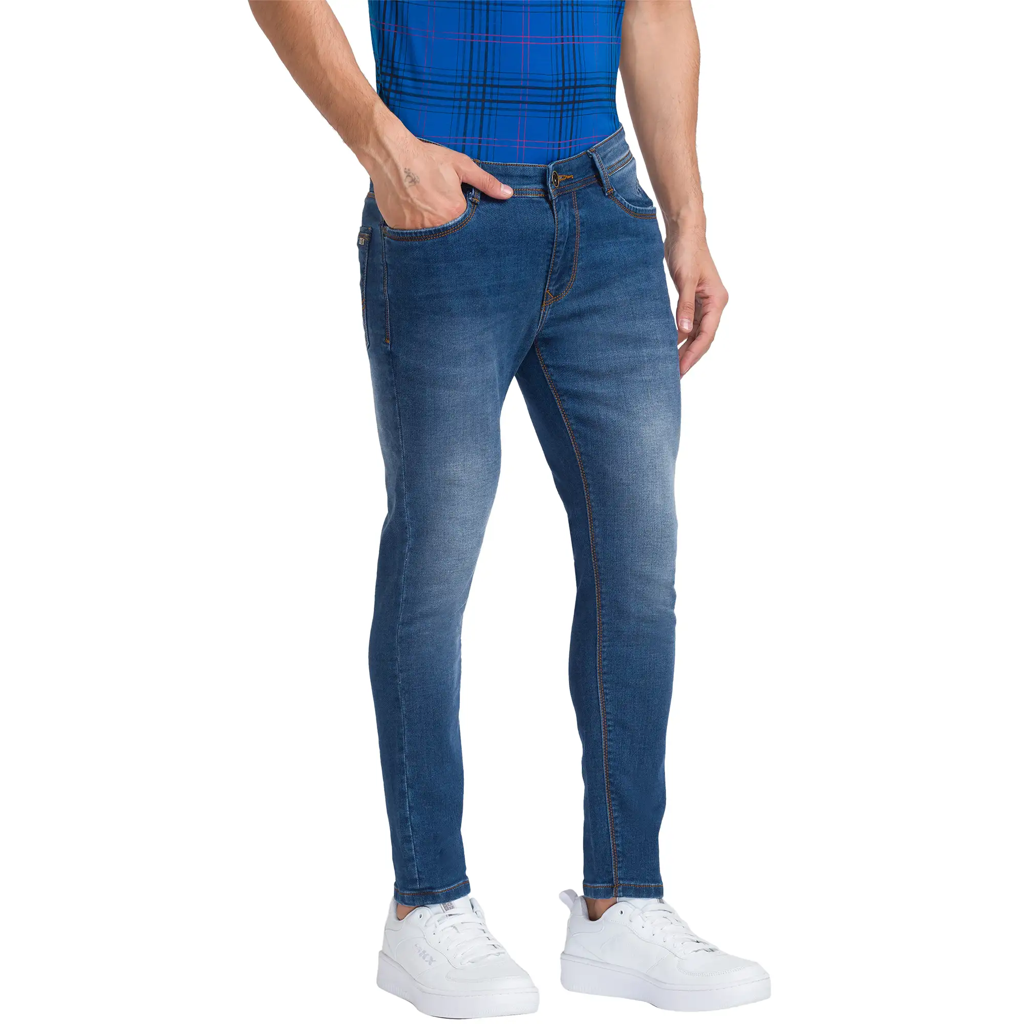 Men Blue Skinny Cropped Fit Dobby Cotton Blend Jeans - Image 2