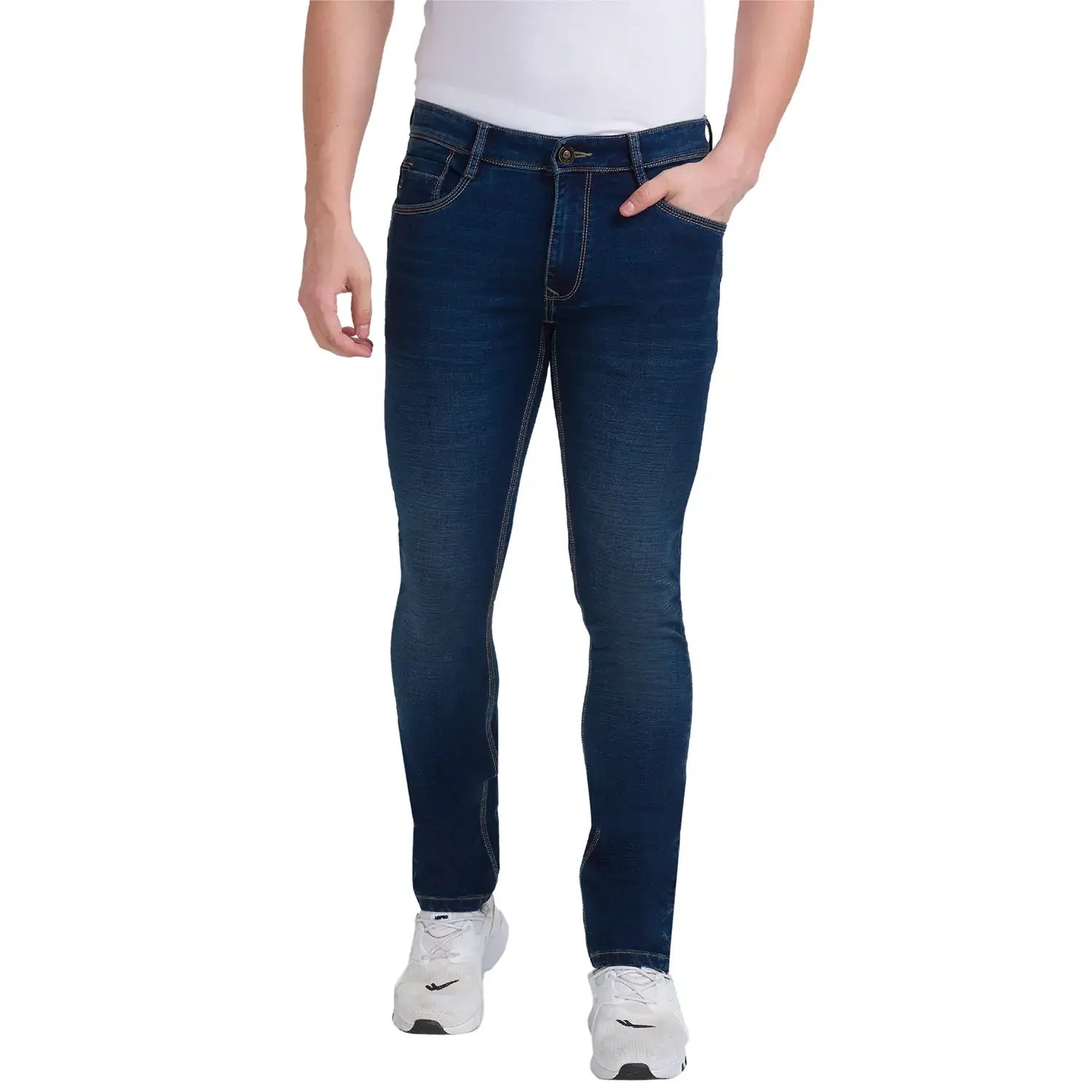 Men Blue Skinny Cropped Fit Dobby Cotton Blend Jeans