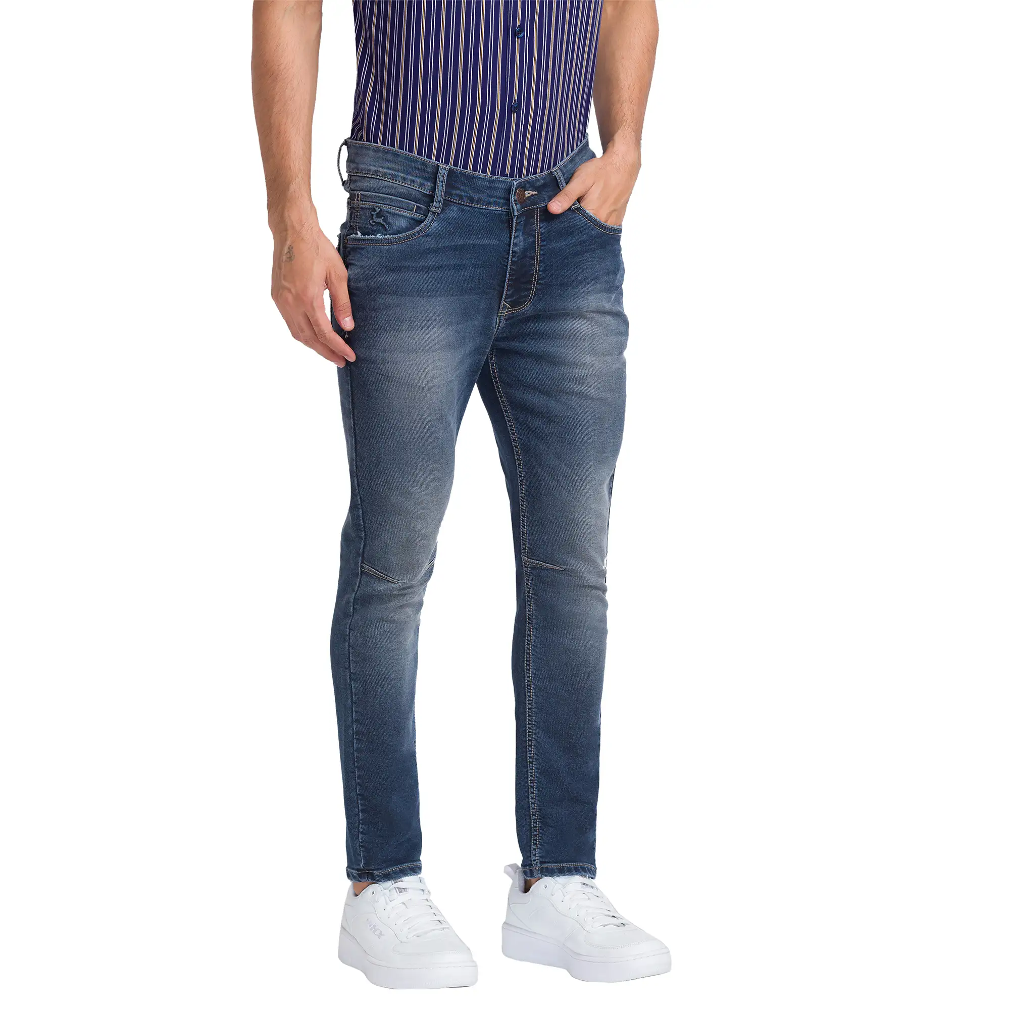Men Blue Skinny Cropped Fit Dobby Cotton Blend Jeans - Image 2