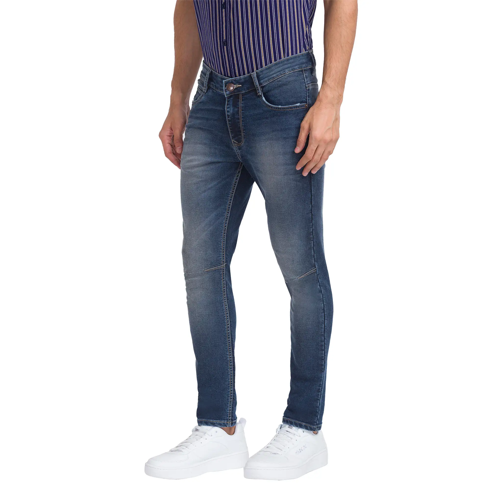 Men Blue Skinny Cropped Fit Dobby Cotton Blend Jeans - Image 3