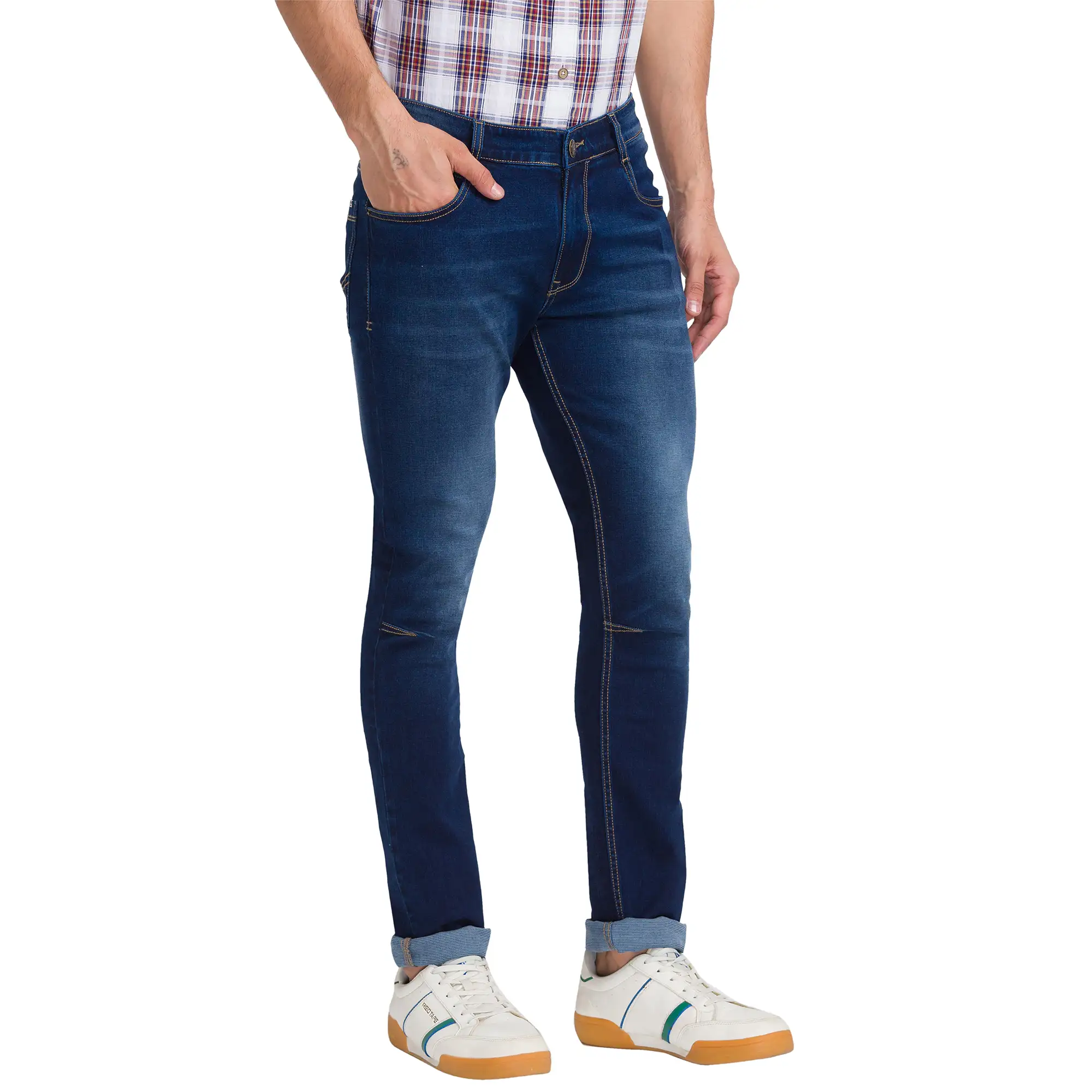 Men Blue Skinny Cropped Fit Dobby Cotton Blend Jeans - Image 2