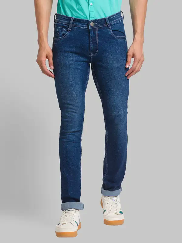 Men Blue Skinny Cropped Fit Jacquard Cotton Blend Jeans