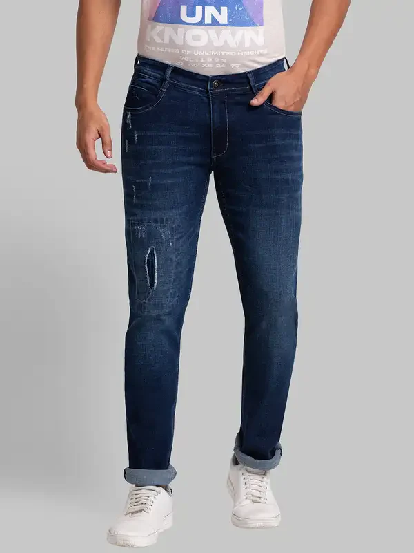 Men Blue Skinny Cropped Fit Jacquard Cotton Blend Jeans