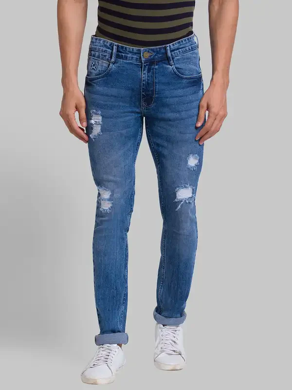 Men Blue Skinny Cropped Fit Jacquard Cotton Blend Jeans