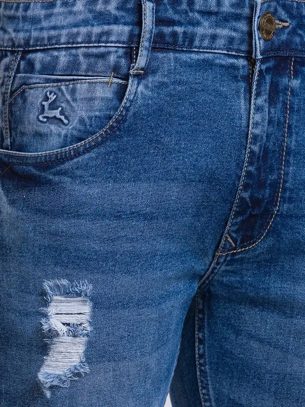 Men Blue Skinny Cropped Fit Jacquard Cotton Blend Jeans - Image 6