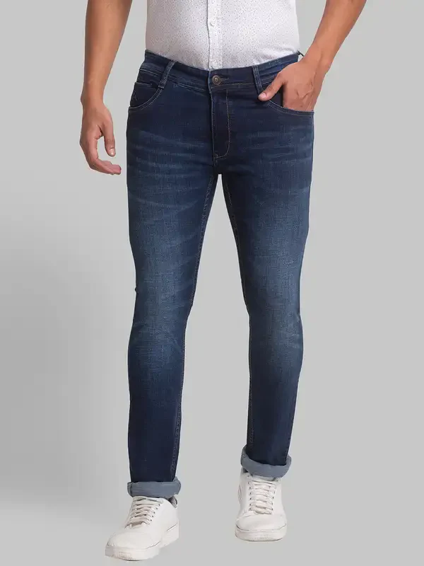 Men Blue Skinny Cropped Fit Jacquard Cotton Blend Jeans