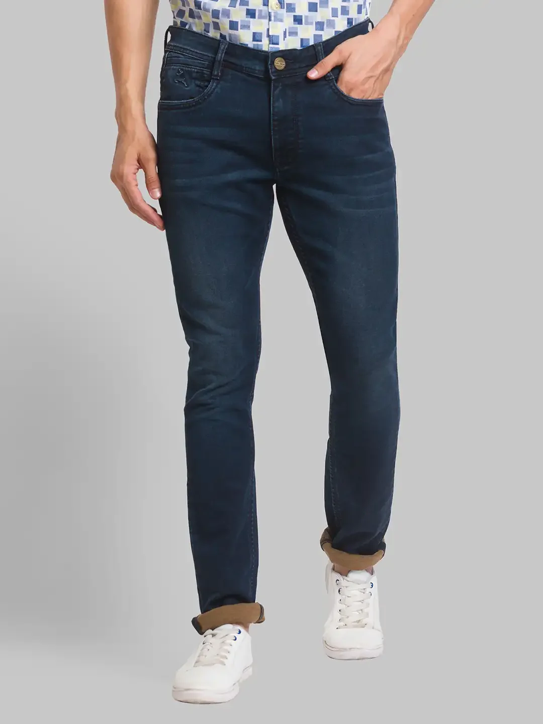 Men Blue Skinny Cropped Fit Jacquard Cotton Blend Jeans